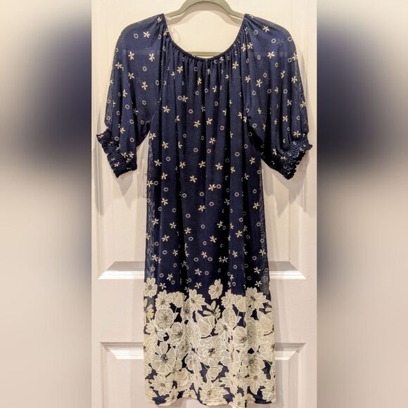 Sirenlily Floral Midi Dress NWT Medium Petite Blue Bell Sleeve Ruffle Feminine - Picture 3 of 9
